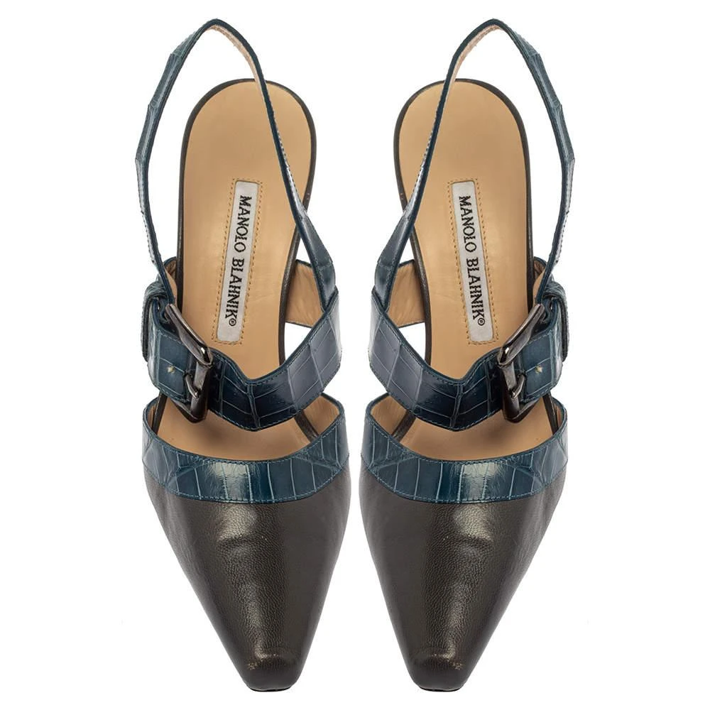 商品[二手商品] Manolo Blahnik|Manolo Blahnik Grey/Blue Croc Embossed And Leather Slingback Sandals Size 37,价格¥2196,第3张图片详细描述