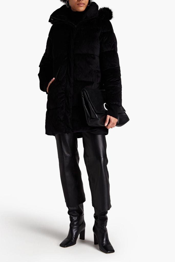 Faux fur-trimmed quilted velvet hooded coat商品第2张图片规格展示