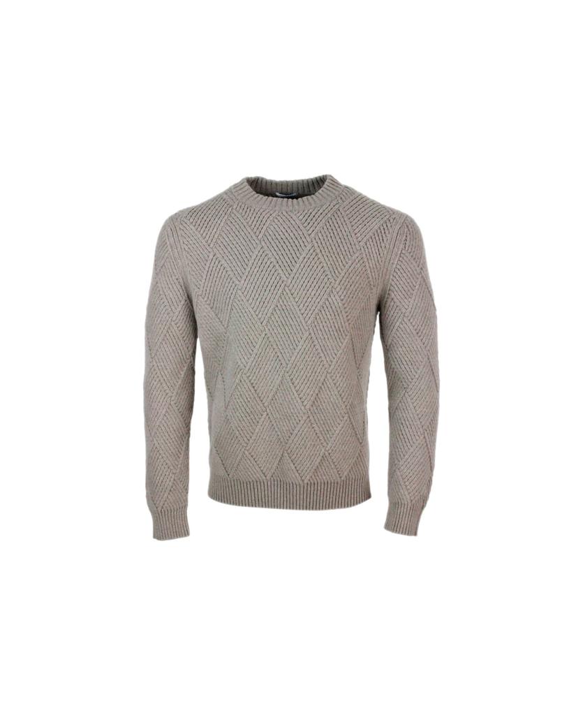 Long Sleeve Round Neck Sweater In 100% Cashmere With English Rib Diamond Pattern商品第1张图片规格展示