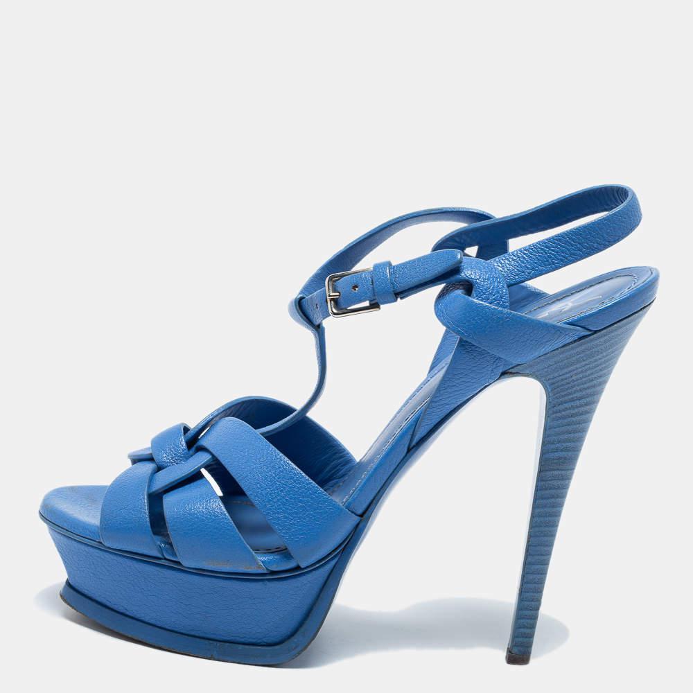 商品[二手商品] Yves Saint Laurent|Saint Laurent Blue Leather Tribute Ankle Sandals Size 38,价格¥2585,第1张图片