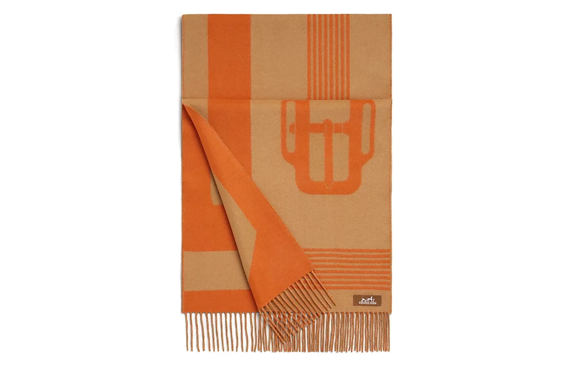商品[国内直发] Hermes|爱马仕 马鞍带图案提花编 绒线围巾 女款 橙色,价格¥5282,第1张图片