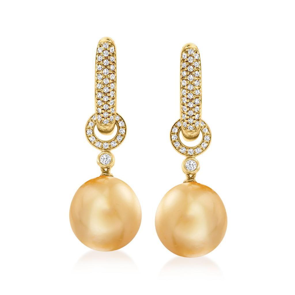 Ross-Simons 12-13mm Golden Cultured South Sea Pearl and . Diamond Hoop Drop Earrings in 18kt Yellow Gold商品第1张图片规格展示