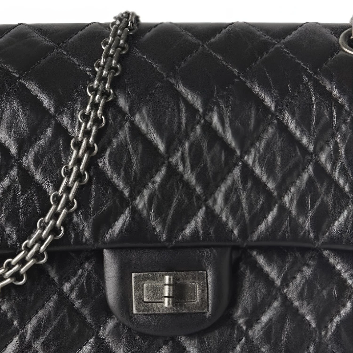 商品[国内直发] Chanel|香奈儿 2.55 复古做旧五金 小牛皮 单肩包 大号 女款 黑色/银色,价格¥71203,第6张图片详细描述
