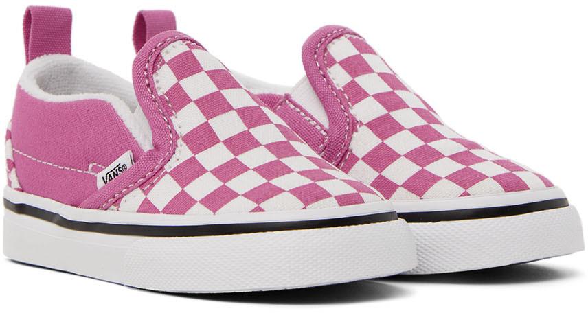 Baby Pink & White Checkerboard Slip-On V Sneakers商品第4张图片规格展示