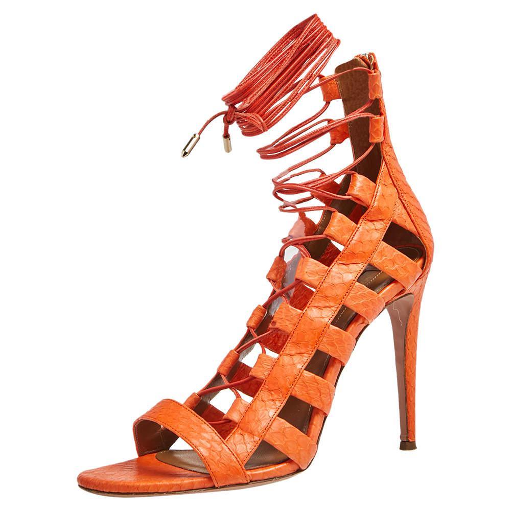 商品[二手商品] Aquazzura|Aquazzura Orange Python Leather Amazon Lace Up Open Toe Sandals Size 40,价格¥948,第1张图片