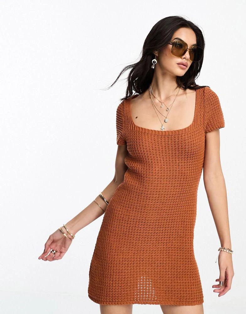 商品ASOS|ASOS DESIGN crochet mini dress with square neck in brown,价格¥57,第1张图片