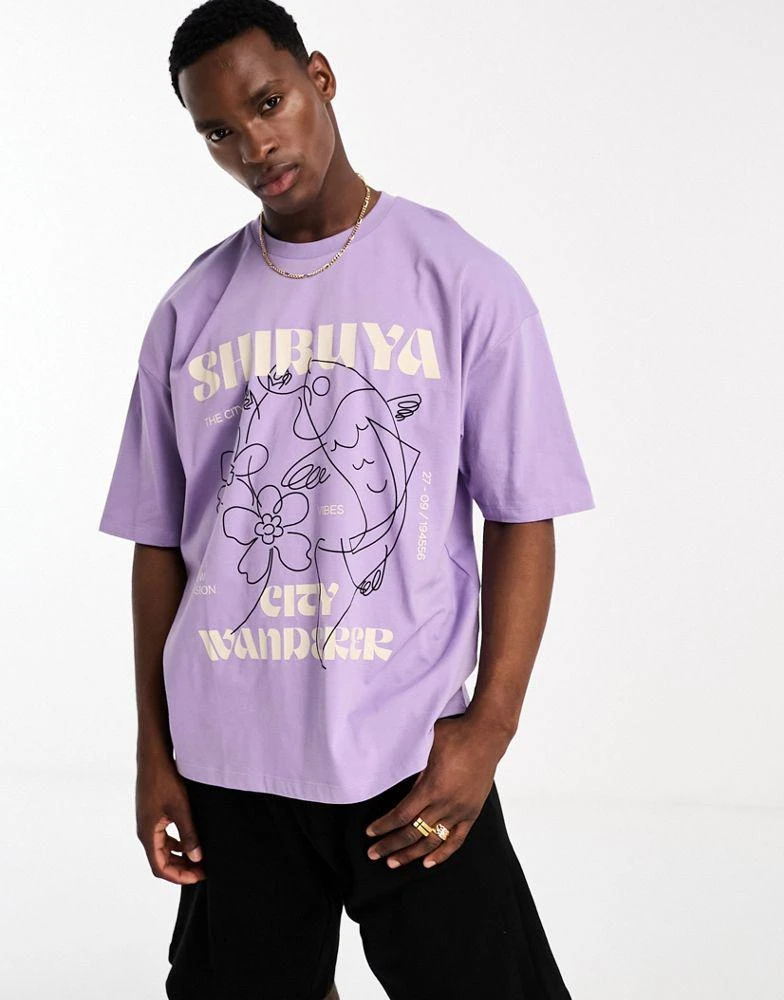 商品ASOS|ASOS DESIGN oversized t-shirt in purple with line drawing fish front print,价格¥87,第1张图片