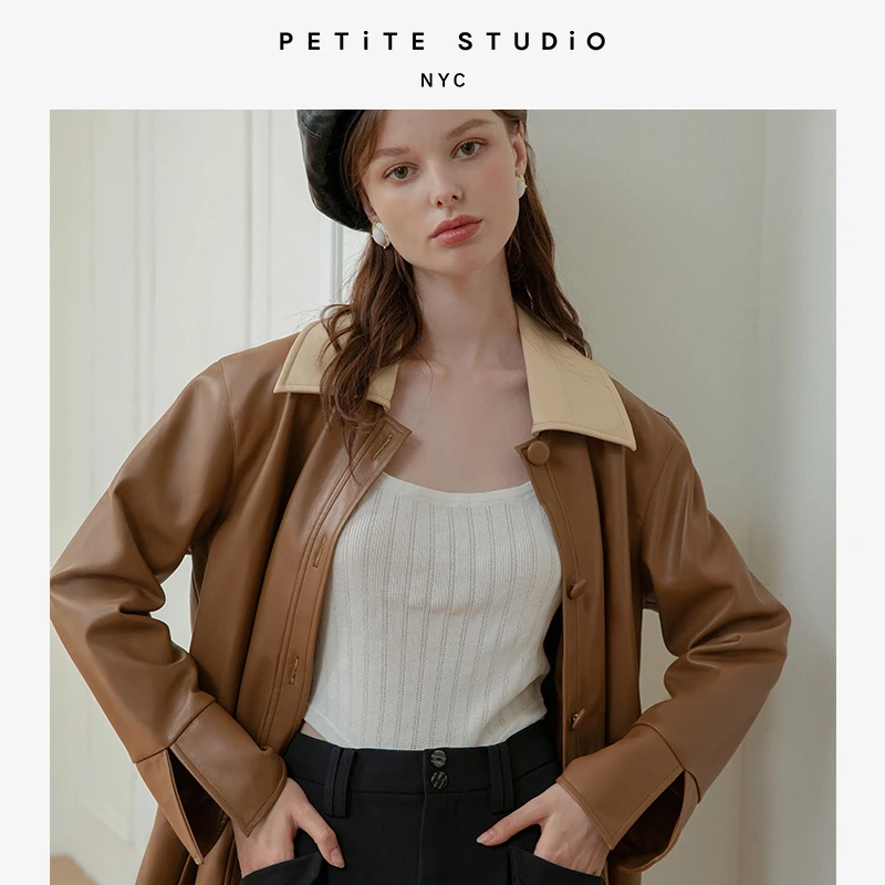 商品[国内直发] Petite Studio NYC|Sienna摩卡棕翻领拼色结构感纯素皮革外套 | Sienna Vegan Leather Jacket - Mocha,价格¥1399,第1张图片