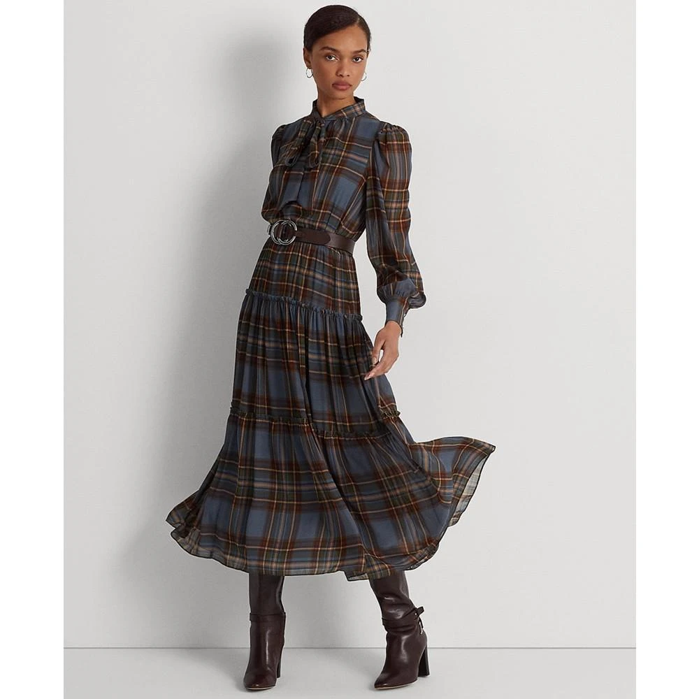 商品Ralph Lauren|Plaid Tie-Neck Crinkle Georgette Dress,价格¥1094,第1张图片