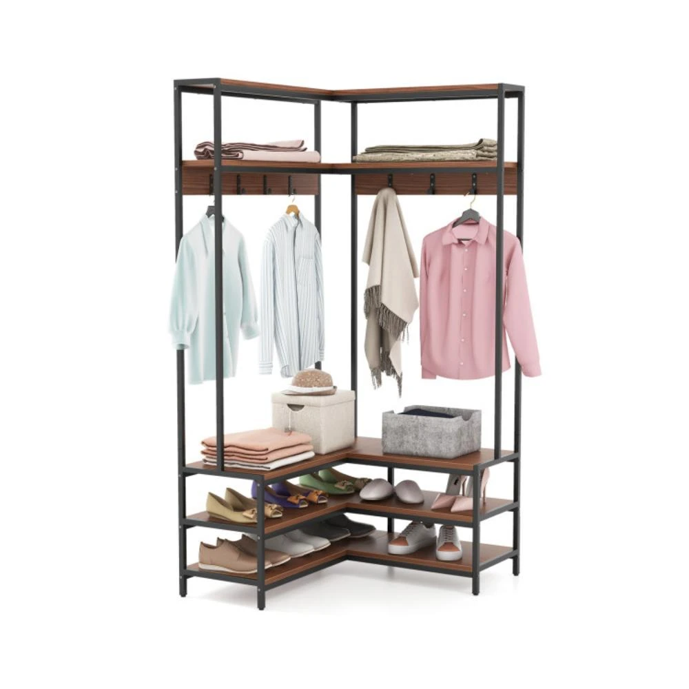 Corner Garment Rack with Open Shelves and 7 Hooks Shoe Bench-White 商品