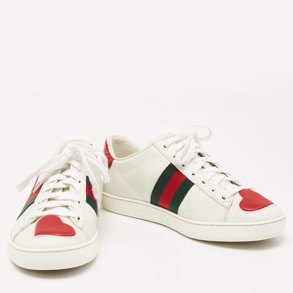 商品[二手商品] Gucci|Gucci White Leather Ace Web Heart Detail Lace Up Low Top Sneaker Size 35.5,价格¥3813,第6张图片详细描述