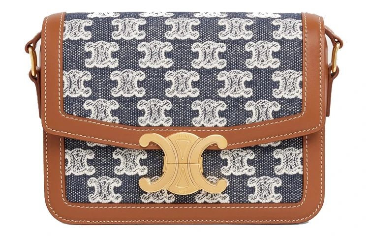 商品[国内直发] Celine|赛琳 Triomphe凯旋门 Teen金色锁扣 刺绣织物拼牛皮革 腋下包手提单肩斜挎包 女款 海军蓝色/黄褐色,价格¥13353,第1张图片