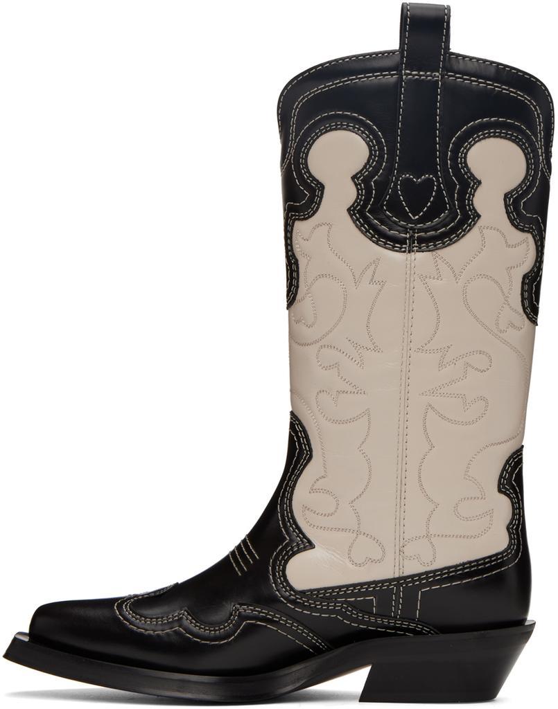 商品Ganni|Black & Off-White Embroidered Western Mid-Calf Boots,价格¥4272,第5张图片详细描述