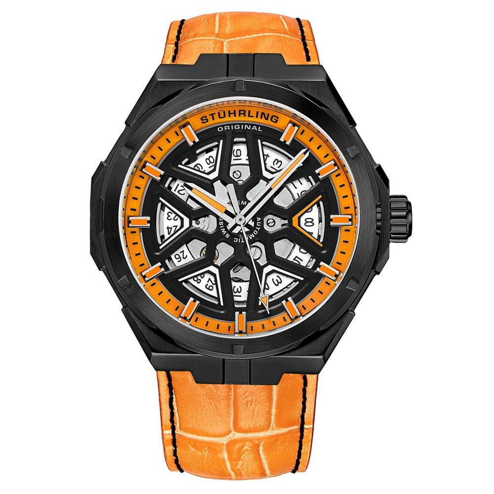 Men's Automatic Orange Alligator Embossed Genuine Leather Strap with Black Stitching Watch 44mm商品第1张图片规格展示