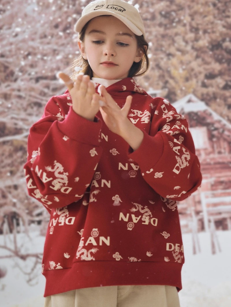 格岚云顿英国品牌高端系列女童红色加绒卫衣2024龙年喜庆过年服儿童洋气百搭新年装 商品