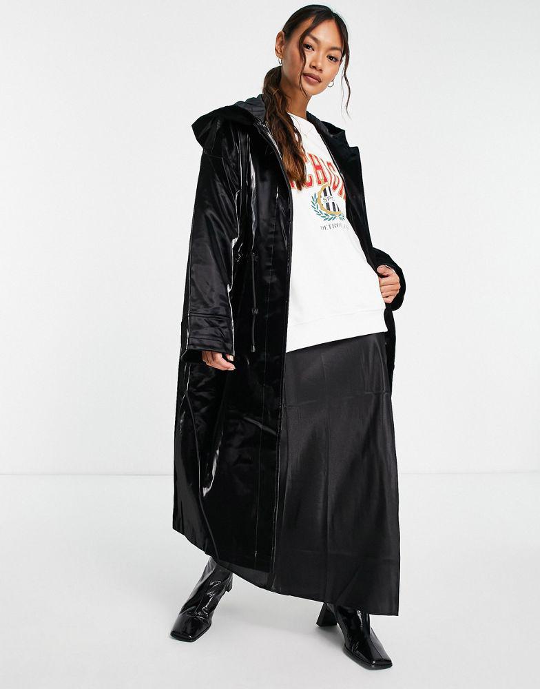 Topshop hooded PU parka coat in black商品第1张图片规格展示