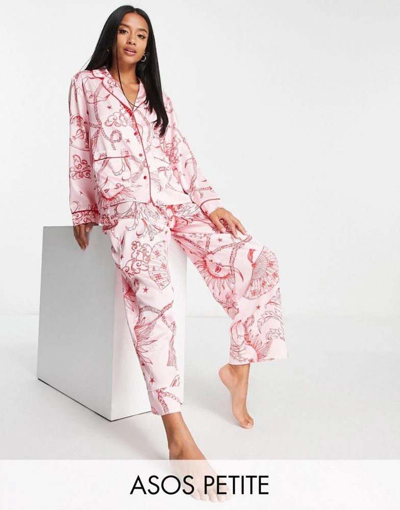 商品ASOS|ASOS DESIGN Petite satin celestial baroque shirt & trouser pyjama set in pink & red,价格¥381,第1张图片