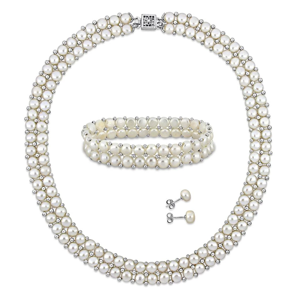 商品Mimi & Max|Mimi & Max Women's 3pc Set of 6-8mm Freshwater Cultured Pearl Necklace Double Row Bracelet and Stud Earrings w/ Silver Beads and Clasp,价格¥698,第1张图片