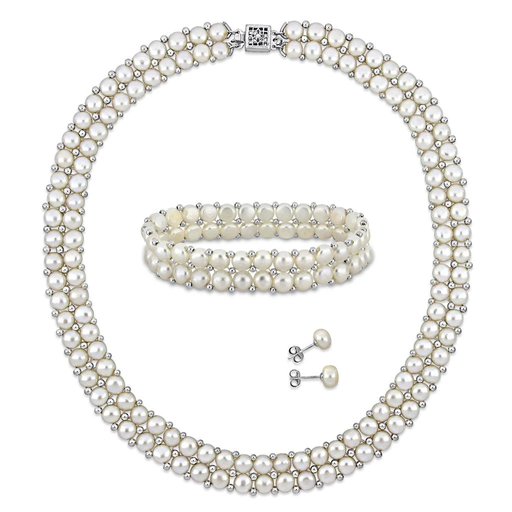 商品Mimi & Max|Women's 3pc Set of 6-8mm Freshwater Cultured Pearl Necklace Double Row Bracelet and Stud Earrings w/ Silver Beads and Clasp,价格¥744,第1张图片