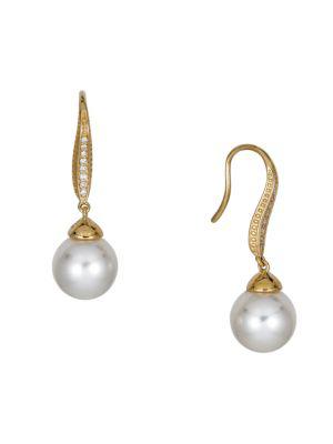 18K Yellow Gold, 9MM White Cultured Pearl & Diamond Earrings商品第1张图片规格展示