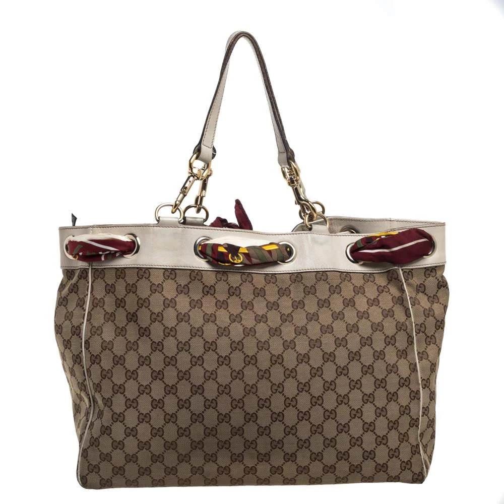 商品[二手商品] Gucci|Gucci Beige/Off White GG Canvas and Leather Large Positano Scarf Tote,价格¥2924,第4张图片详细描述