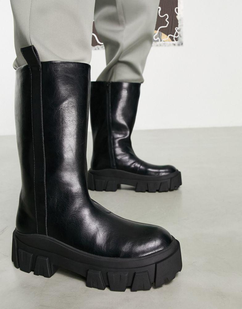 商品ASOS|ASOS DESIGN chelsea calf boots on chunky sole in black faux leather,价格¥343,第1张图片