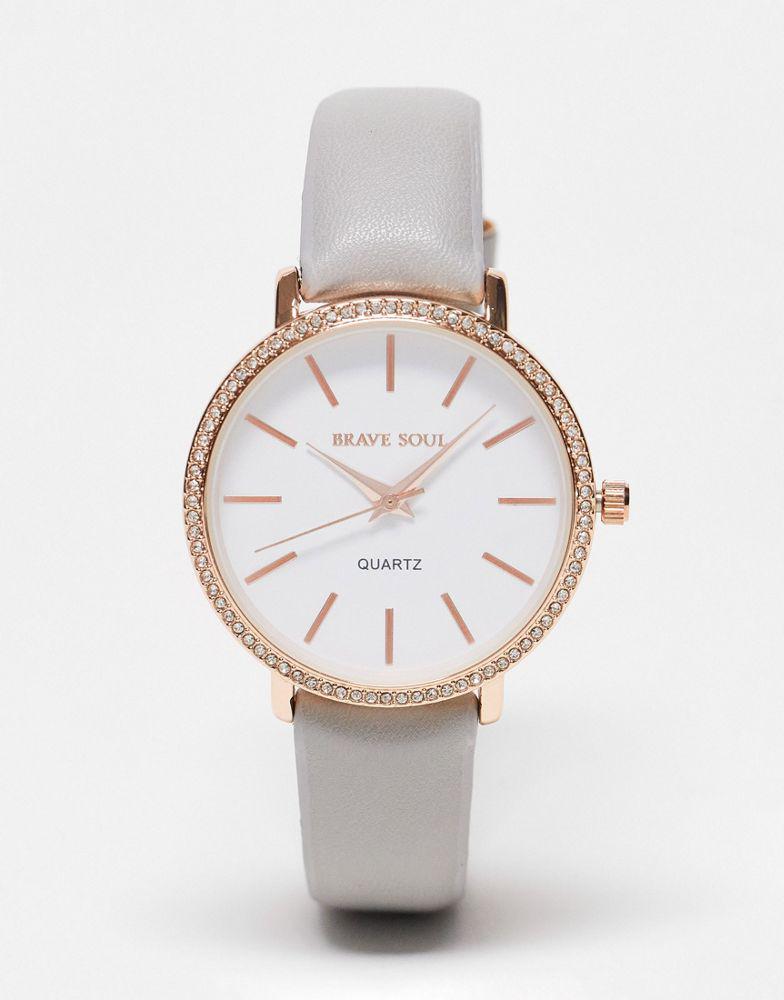 Brave Soul faux leather strap watch with diamante detail in grey and rose gold商品第1张图片规格展示