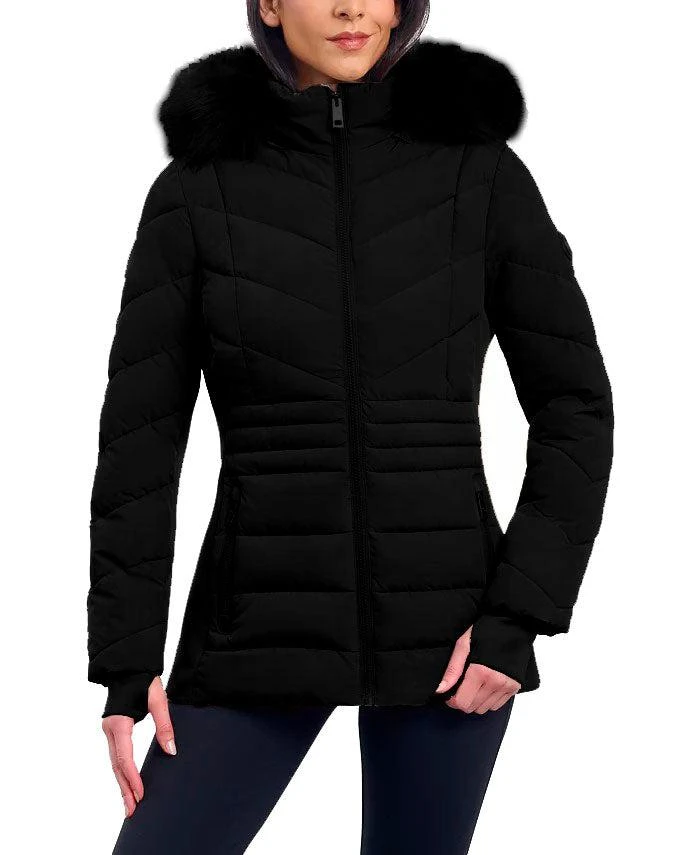 商品Michael Kors|Michael Michael Kors Women's Black Chevron Faux Fur Hooded Coat,价格¥1351,第1张图片