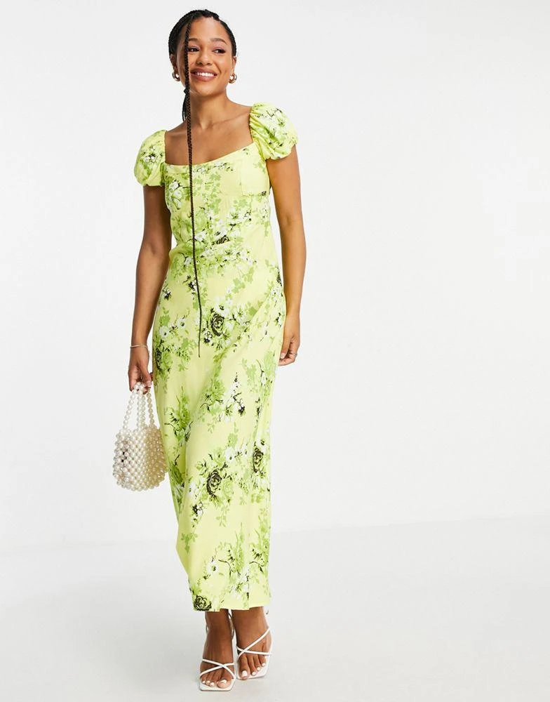 商品ASOS|ASOS DESIGN corset detail cap sleeve midi dress with split in zesty floral print,价格¥204,第1张图片