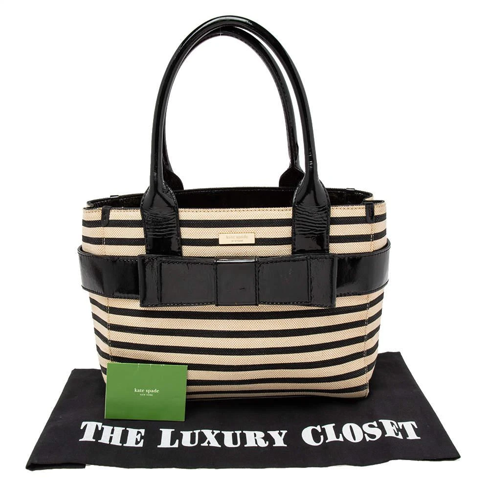 Kate Spade Black/Beige Striped Canvas and Patent Leather Bow Tote 商品