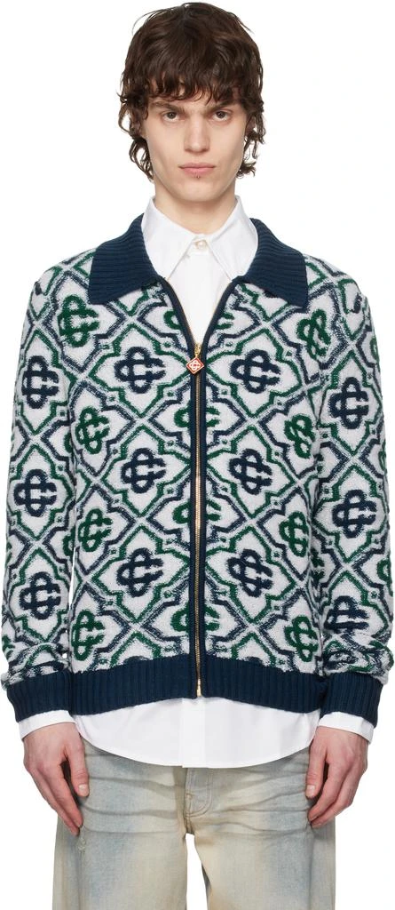 商品Casablanca|绿色 & 海军蓝 Monogram Knit Zip 毛衣,价格¥4455,第1张图片