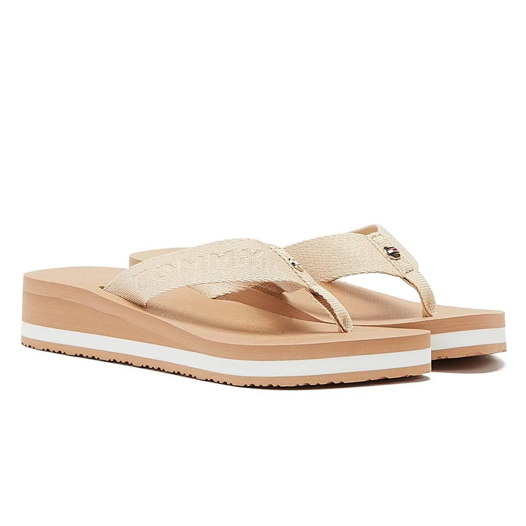 商品Tommy Hilfiger|Tommy Hilfiger Tommy Webbing Shiny Beach Sandal Womens Beige Flip Flops,价格¥288,第1张图片