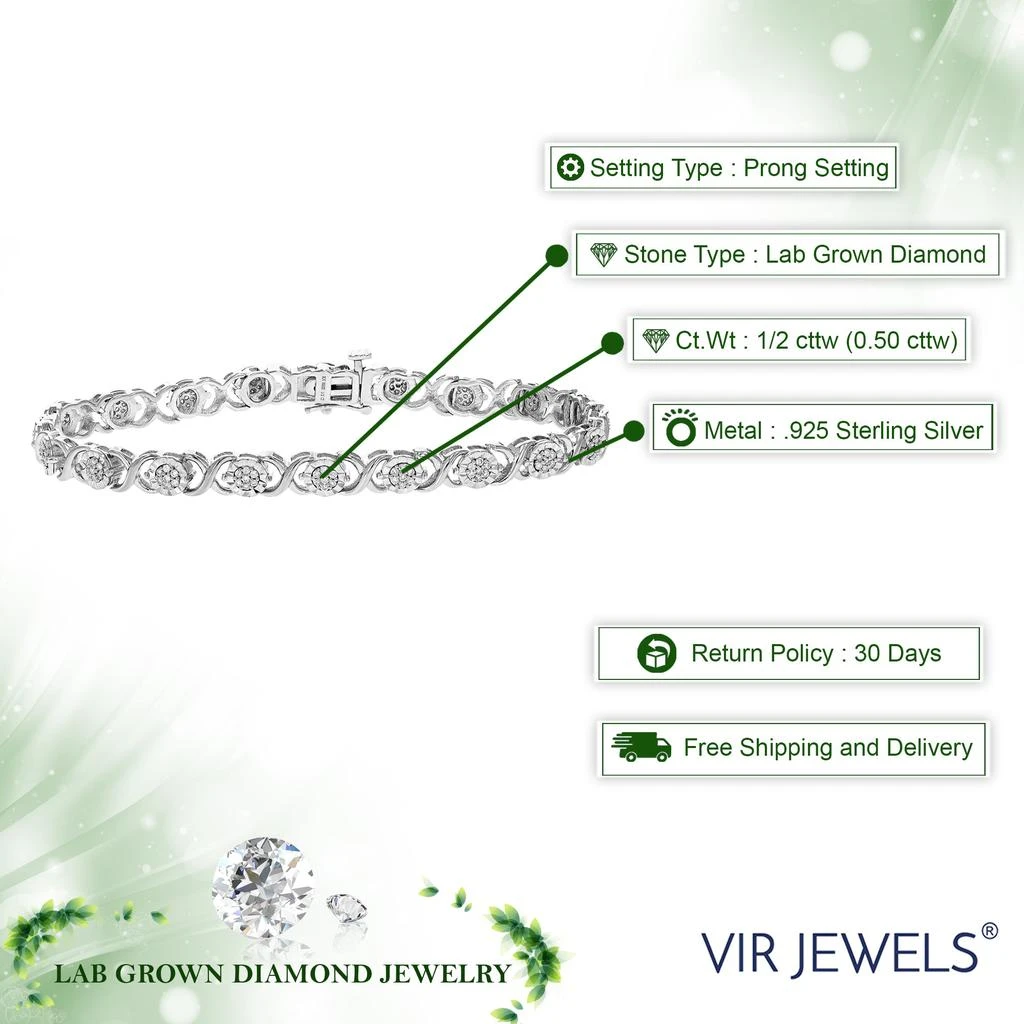 商品Vir Jewels|1/2 cttw Round Lab Grown Diamond Tennis Bracelet .925 Sterling Silver Prong Set,价格¥1986,第3张图片详细描述