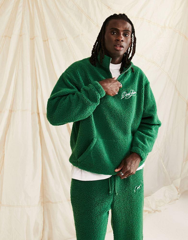 ASOS Dark Future co-ord oversized quarter zip sweatshirt in teddy borg with logo embroidery in dark green商品第3张图片规格展示