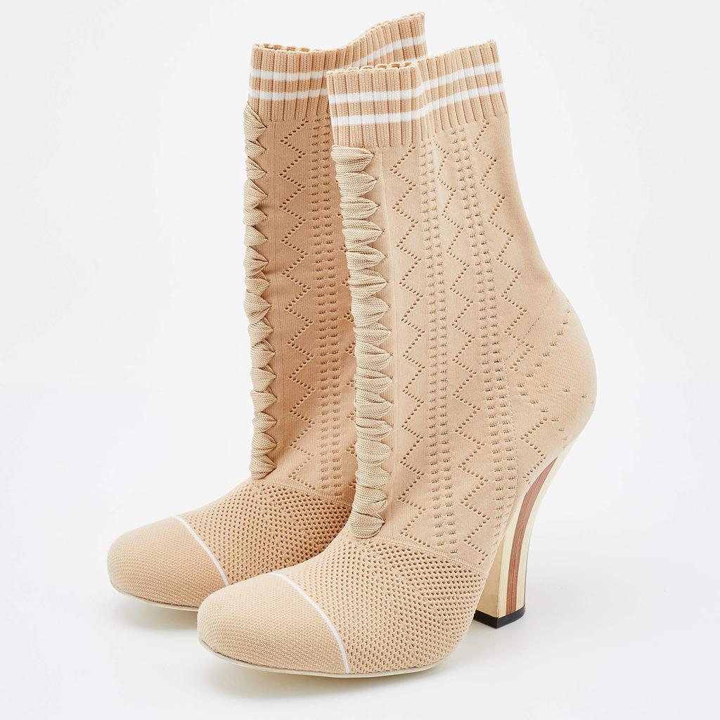 商品[二手商品] Fendi|Fendi Beige Knit Fabric Rockoko Runway Openwork Ankle Boots Size 38,价格¥3986,第4张图片详细描述