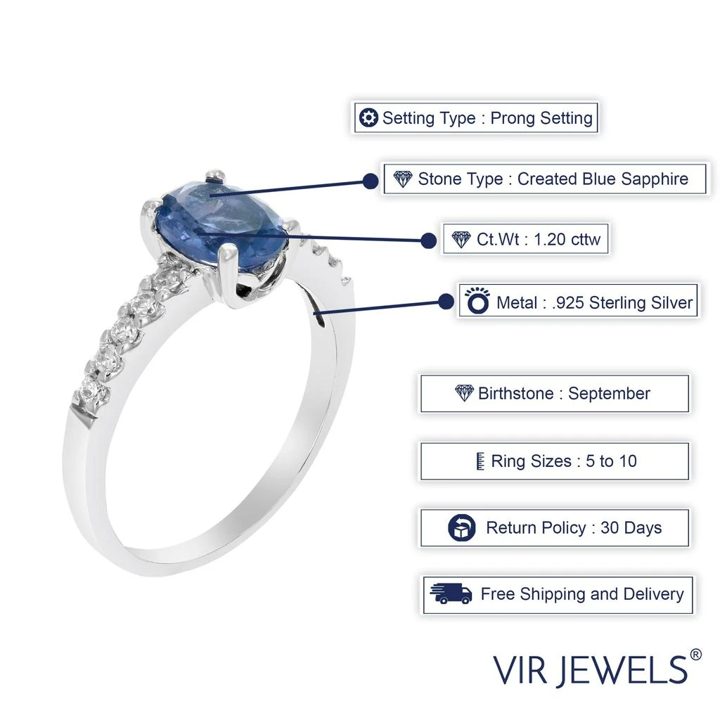 商品Vir Jewels|1.20 cttw Created Blue Sapphire Ring .925 Sterling Silver Rhodium Oval 8x6 MM,价格¥477,第3张图片详细描述