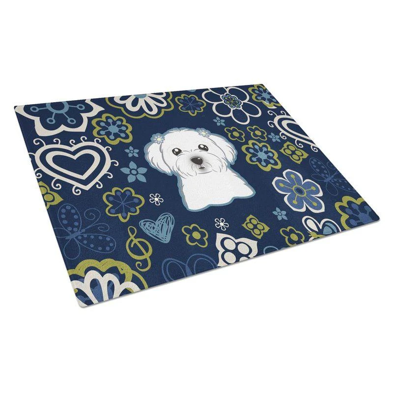 商品Caroline's Treasures|BB5059LCB Blue Flowers Maltese Glass Cutting Board L,价格¥258,第1张图片
