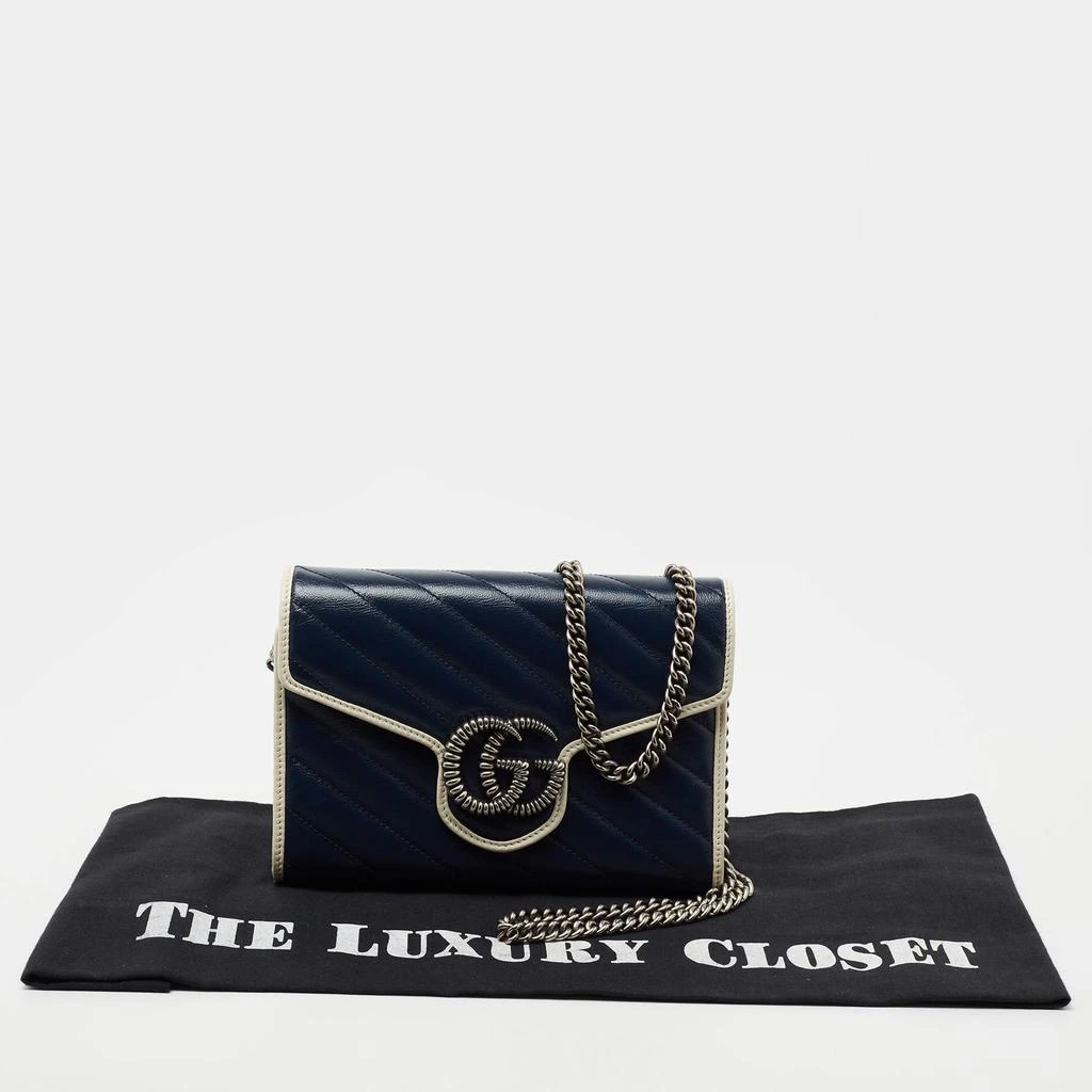 Gucci Navy Blue/White Diagonal Quilt Leather GG Marmont Torchon Wallet on Chain 商品