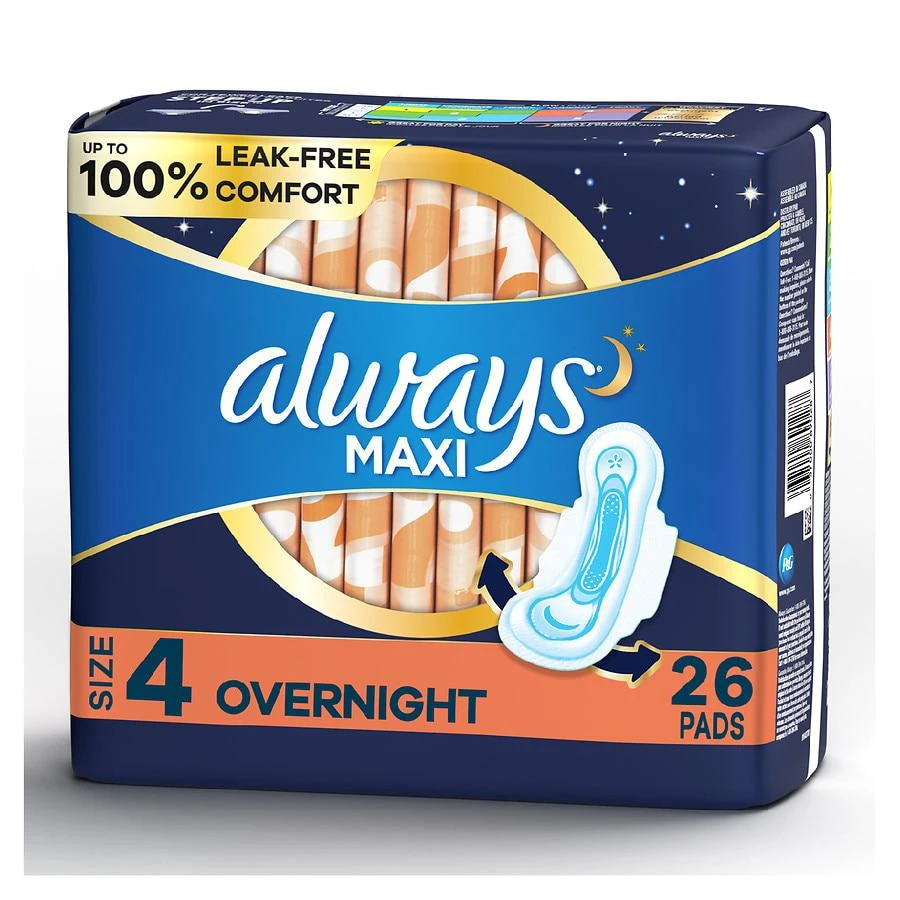 商品Always|Maxi Pads, Overnight with Wings Unscented, Size 4,价格¥67,第1张图片