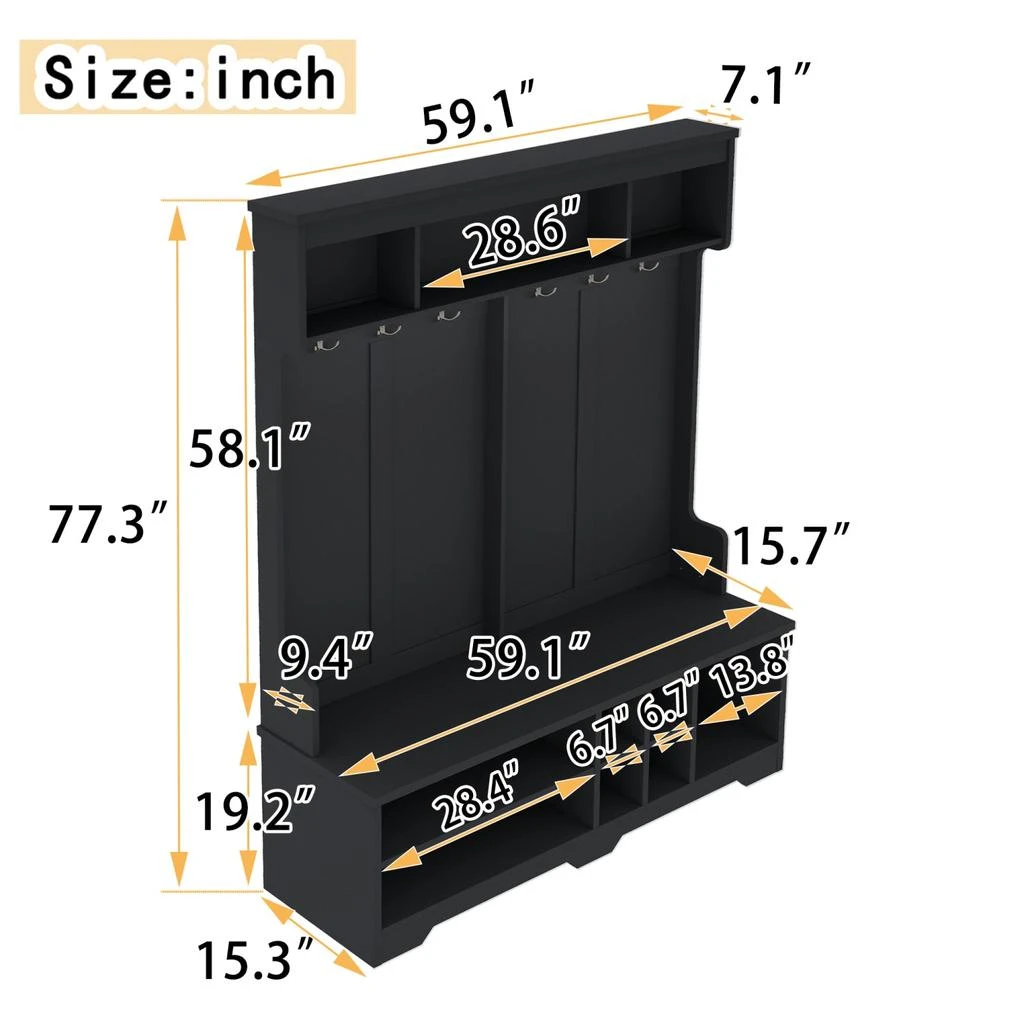 商品Streamdale Furniture|Streamdale Hall Tree Coat Rack Shoe Cubby Storage - Black,价格¥2898,第5张图片详细描述