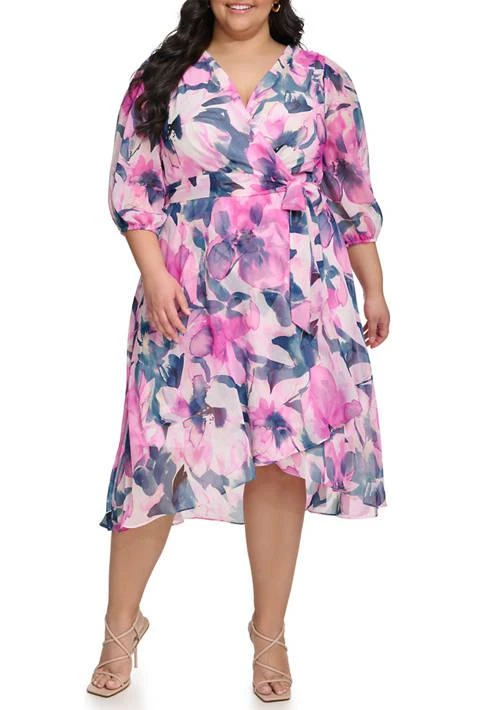 商品DKNY|Jeans Plus Size Floral Printed Wrap Dress,价格¥1051,第1张图片