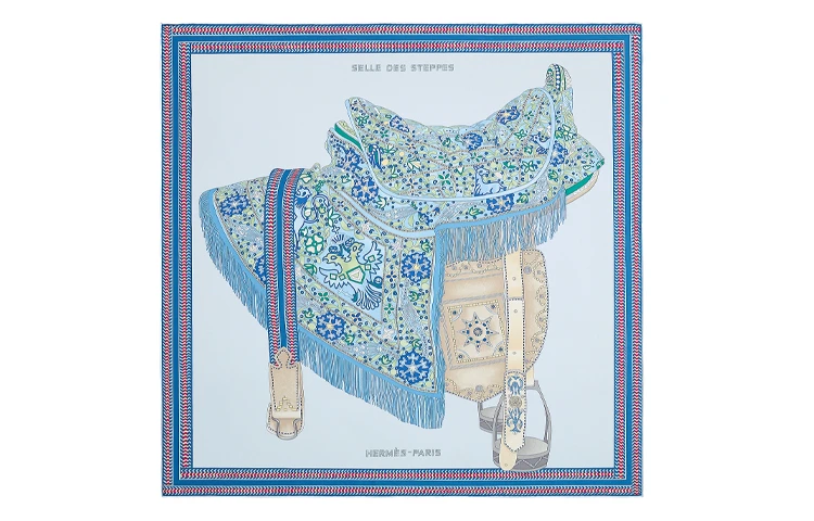 商品[国内直发] Hermes|爱马仕 “草原马鞍”90厘米 丝巾 女款 天蓝色/牛仔布蓝色/绿色,价格¥3691,第1张图片