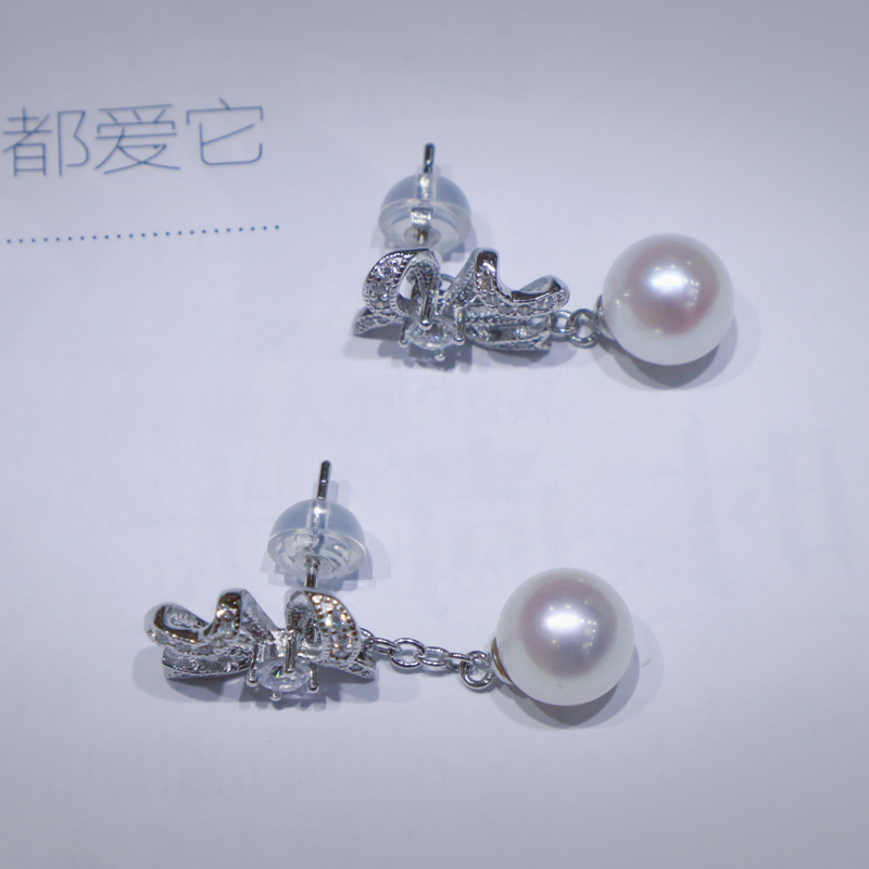 925银天然淡水珍珠akoya光泽蝴蝶结耳钉(一款二戴)商品第3张图片规格展示