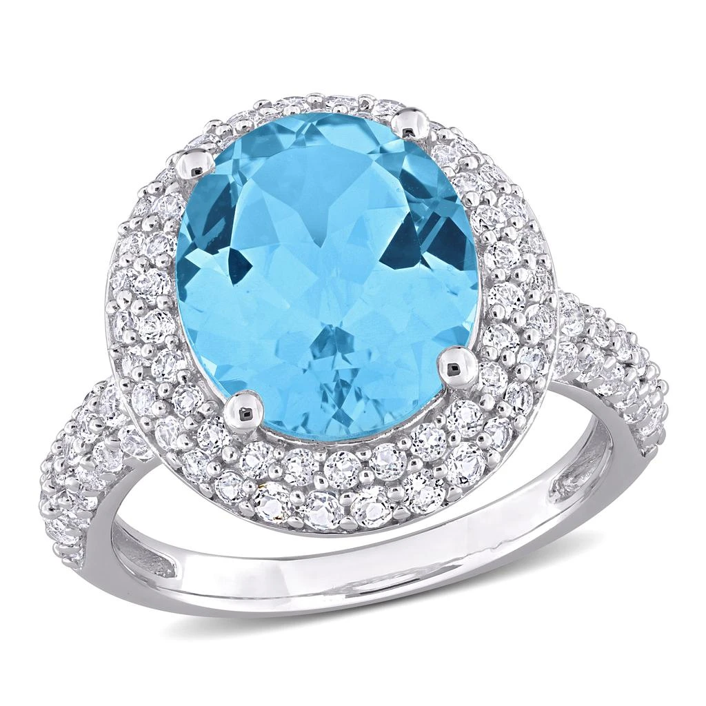 商品Mimi & Max|7ct TGW Oval-Cut Sky Blue and White Topaz Double Halo Ring in Sterling Silver,价格¥818,第1张图片