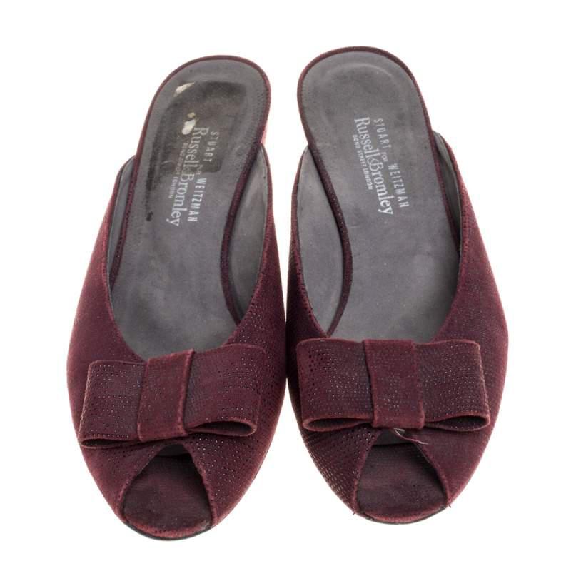 Stuart Weitzman Burgundy Textured Suede Bow Peep Toe Slide Sandals Size 38商品第3张图片规格展示
