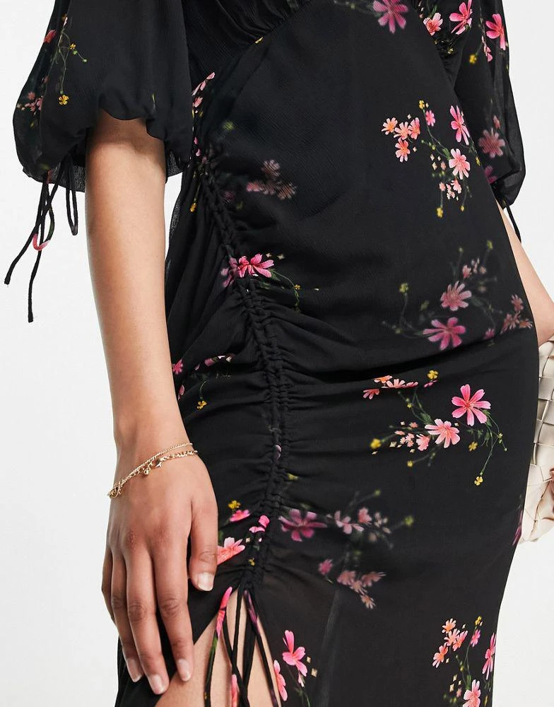 商品ALL SAINTS|AllSaints Safiya rouched split midi dress in black floral,价格¥579,第3张图片详细描述