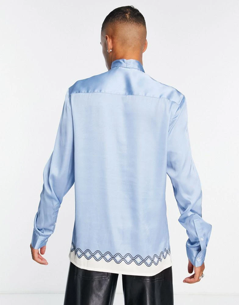 商品ASOS|ASOS DESIGN regular satin shirt with tie neck in blue border print,价格¥145,第2张图片详细描述