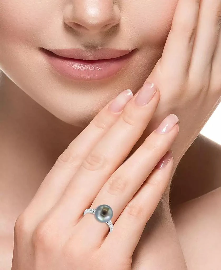 商品Effy|EFFY® Cultured Tahitian Pearl (10mm) & Diamond (1/10 ct. t.w.) Ring in 14k White Gold,价格¥19283,第2张图片详细描述