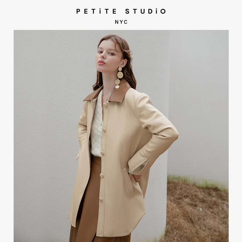 商品[国内直发] Petite Studio NYC|Sienna奶白翻领拼色结构感纯素皮革外套 | Sienna Vegan Leather Jacket - Cream,价格¥1400,第1张图片