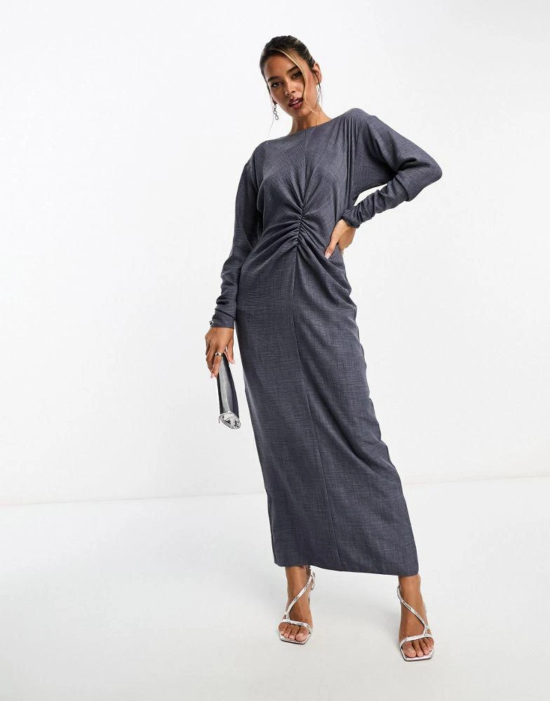 商品ASOS|ASOS DESIGN long sleeve maxi dress with ruching detail in washed navy,价格¥476,第1张图片